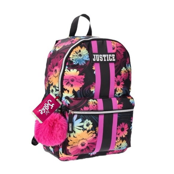Justice 17” Floral Laptop Backpack With Pom Pom Dangle And Key Ring - Picture 2 of 6